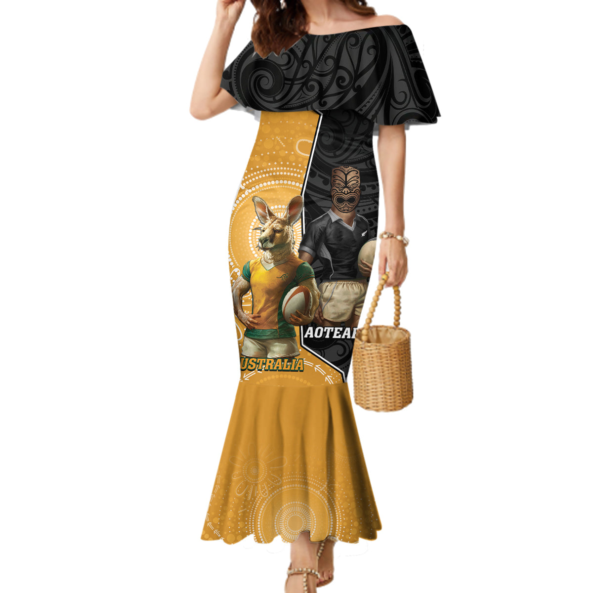 Personalised New Zealand And Australia Rugby Family Matching Mermaid Dress and Hawaiian Shirt 2024 All Black Wallabies Mascots Together