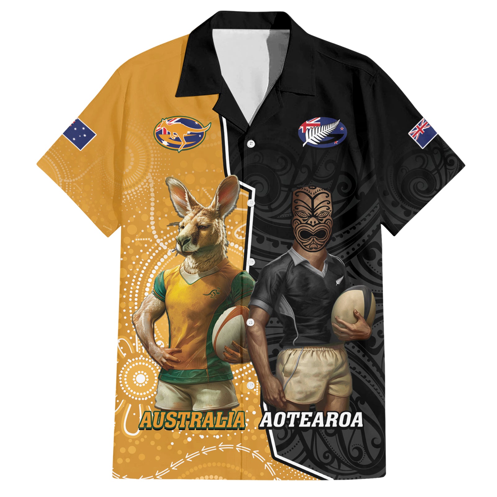 Personalised New Zealand And Australia Rugby Hawaiian Shirt 2024 All Black Wallabies Mascots Together - Vibe Hoodie Shop