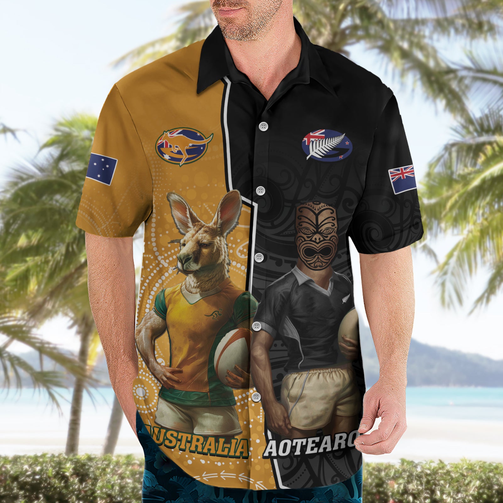 Personalised New Zealand And Australia Rugby Hawaiian Shirt 2024 All Black Wallabies Mascots Together - Vibe Hoodie Shop