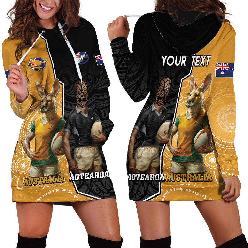 Personalised New Zealand And Australia Rugby Hoodie Dress 2024 All Black Wallabies Mascots Together - Vibe Hoodie Shop