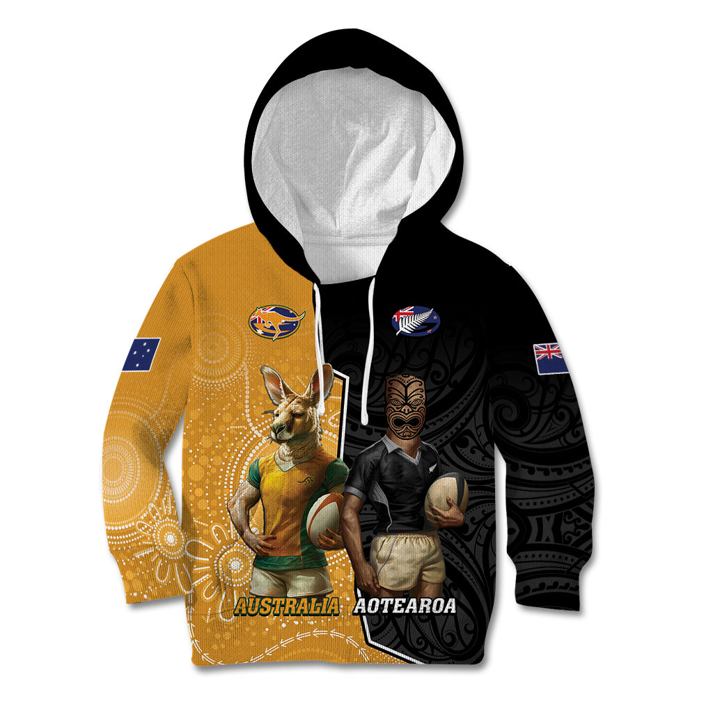 Personalised New Zealand And Australia Rugby Kid Hoodie 2024 All Black Wallabies Mascots Together - Vibe Hoodie Shop