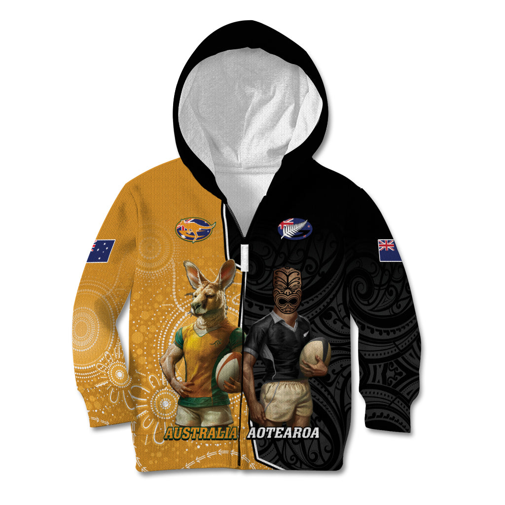 Personalised New Zealand And Australia Rugby Kid Hoodie 2024 All Black Wallabies Mascots Together - Vibe Hoodie Shop