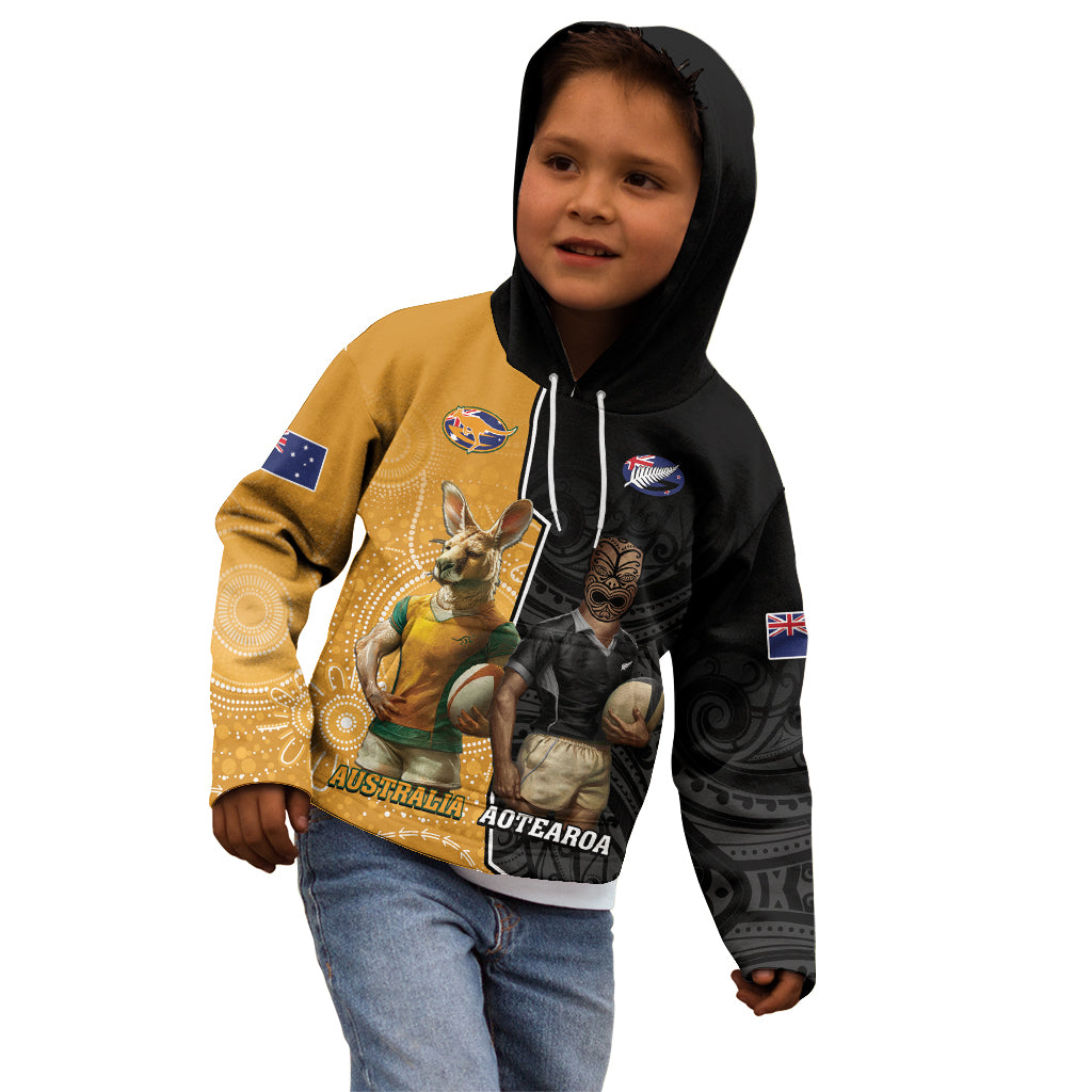 Personalised New Zealand And Australia Rugby Kid Hoodie 2024 All Black Wallabies Mascots Together - Vibe Hoodie Shop