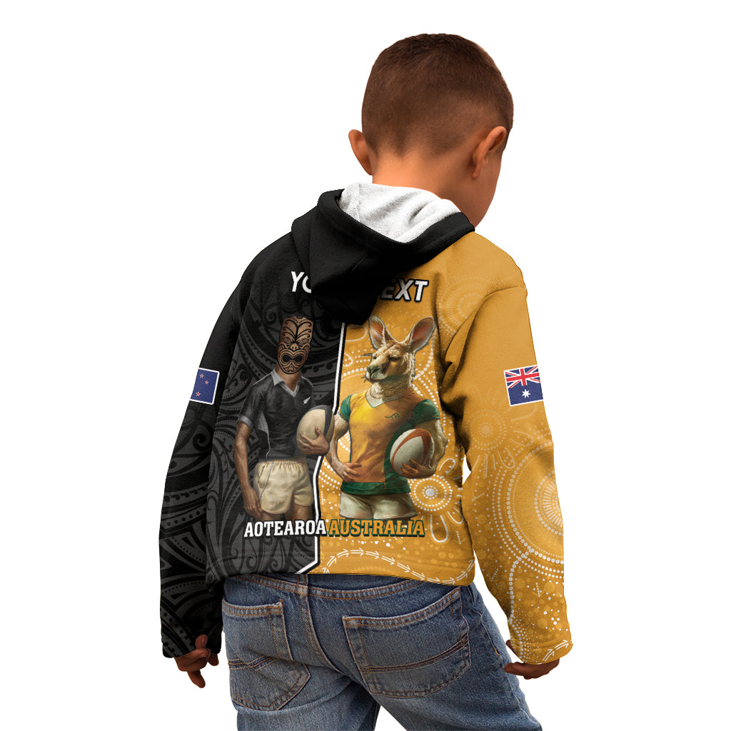 Personalised New Zealand And Australia Rugby Kid Hoodie 2024 All Black Wallabies Mascots Together - Vibe Hoodie Shop