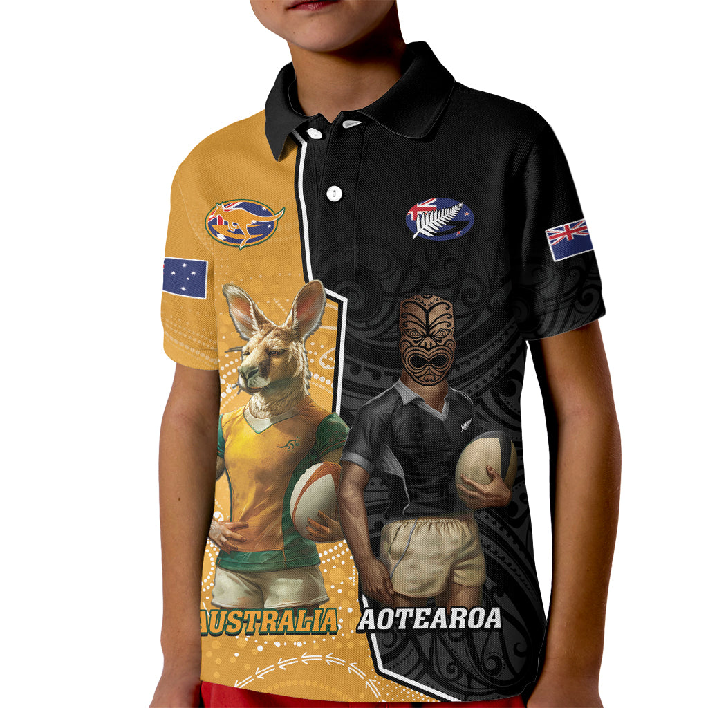 Personalised New Zealand And Australia Rugby Kid Polo Shirt 2024 All Black Wallabies Mascots Together - Vibe Hoodie Shop