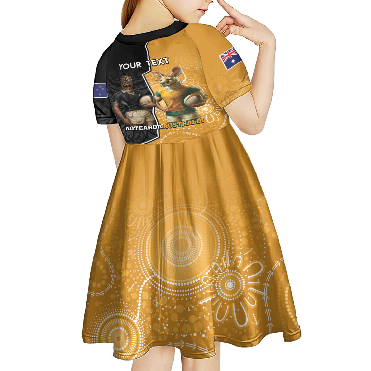 Personalised New Zealand And Australia Rugby Kid Short Sleeve Dress 2024 All Black Wallabies Mascots Together - Vibe Hoodie Shop