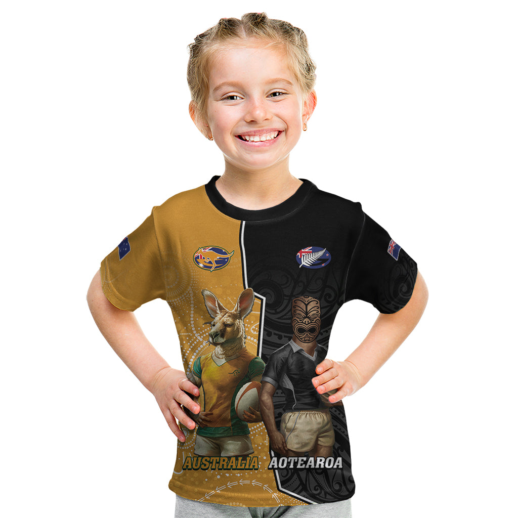 Personalised New Zealand And Australia Rugby Kid T Shirt 2024 All Black Wallabies Mascots Together - Vibe Hoodie Shop