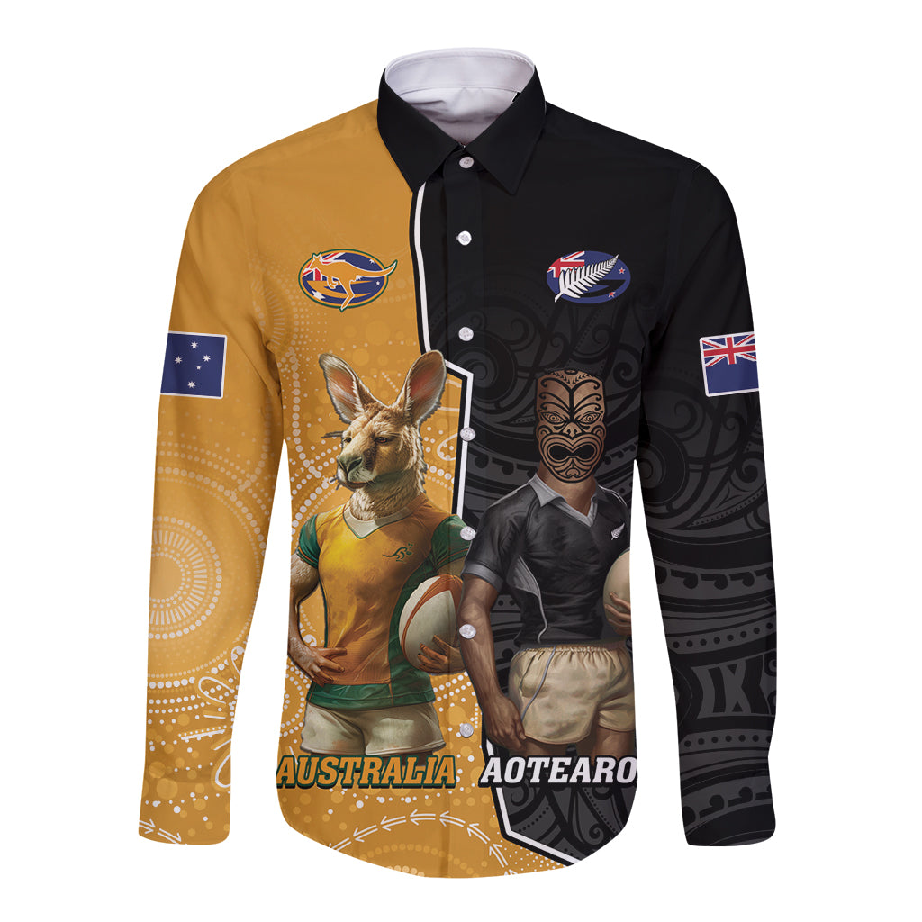 Personalised New Zealand And Australia Rugby Long Sleeve Button Shirt 2024 All Black Wallabies Mascots Together - Vibe Hoodie Shop