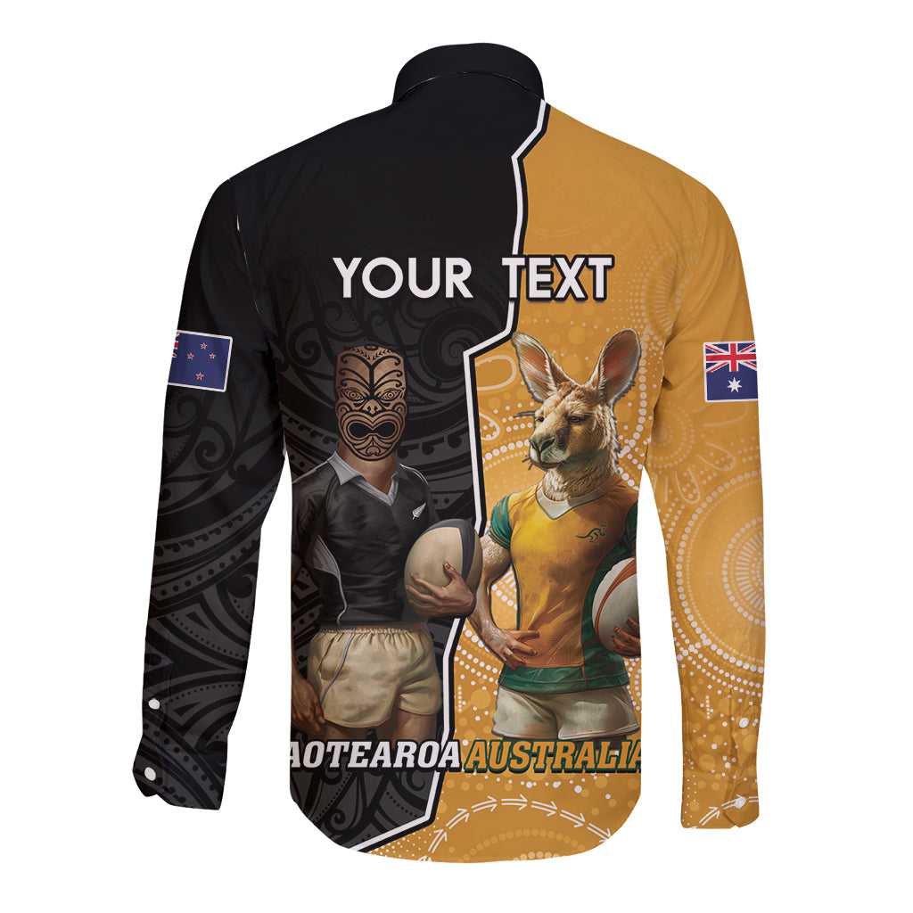 Personalised New Zealand And Australia Rugby Long Sleeve Button Shirt 2024 All Black Wallabies Mascots Together - Vibe Hoodie Shop
