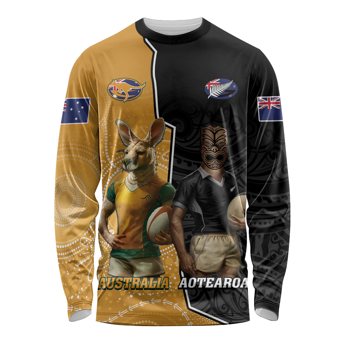 Personalised New Zealand And Australia Rugby Long Sleeve Shirt 2024 All Black Wallabies Mascots Together - Vibe Hoodie Shop