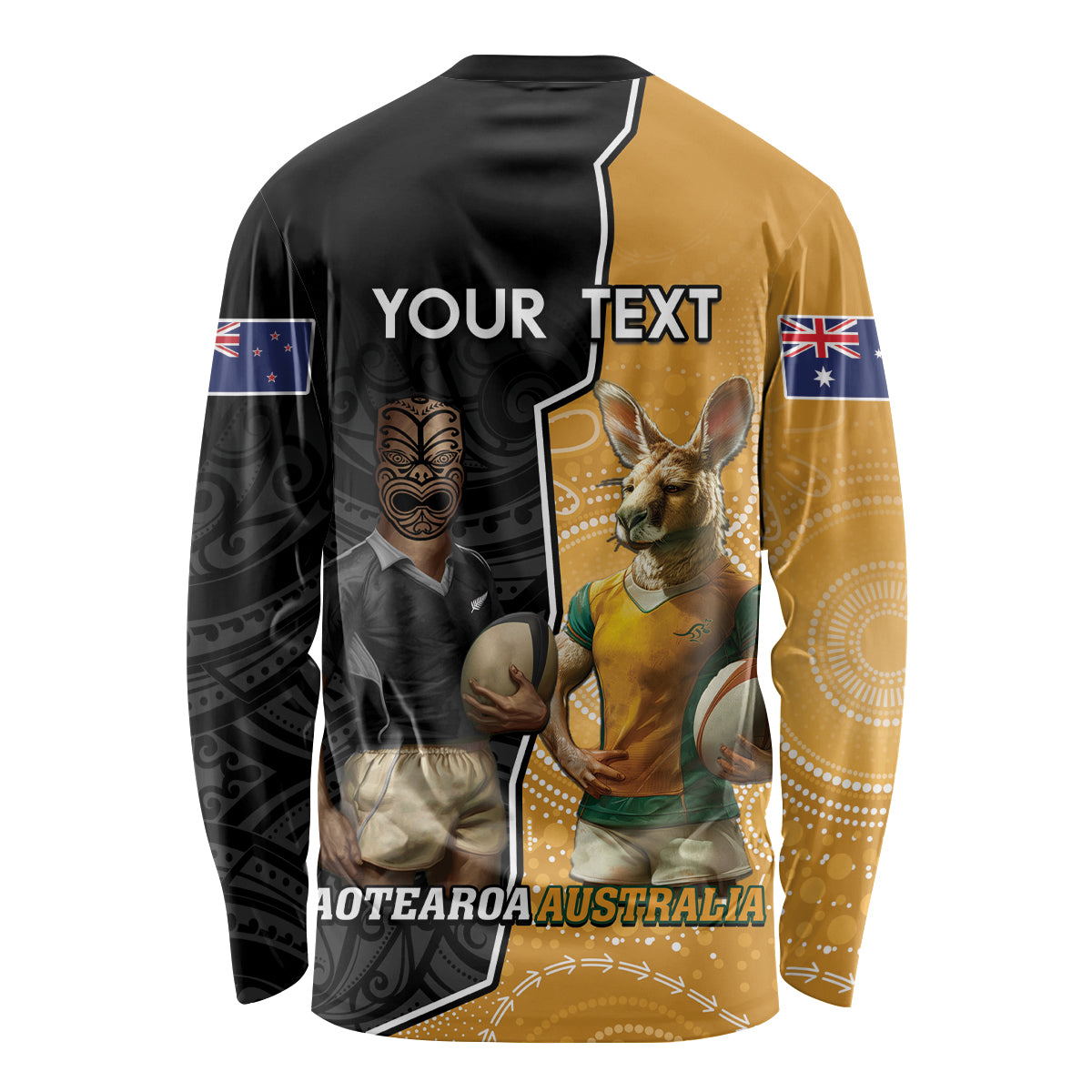 Personalised New Zealand And Australia Rugby Long Sleeve Shirt 2024 All Black Wallabies Mascots Together - Vibe Hoodie Shop