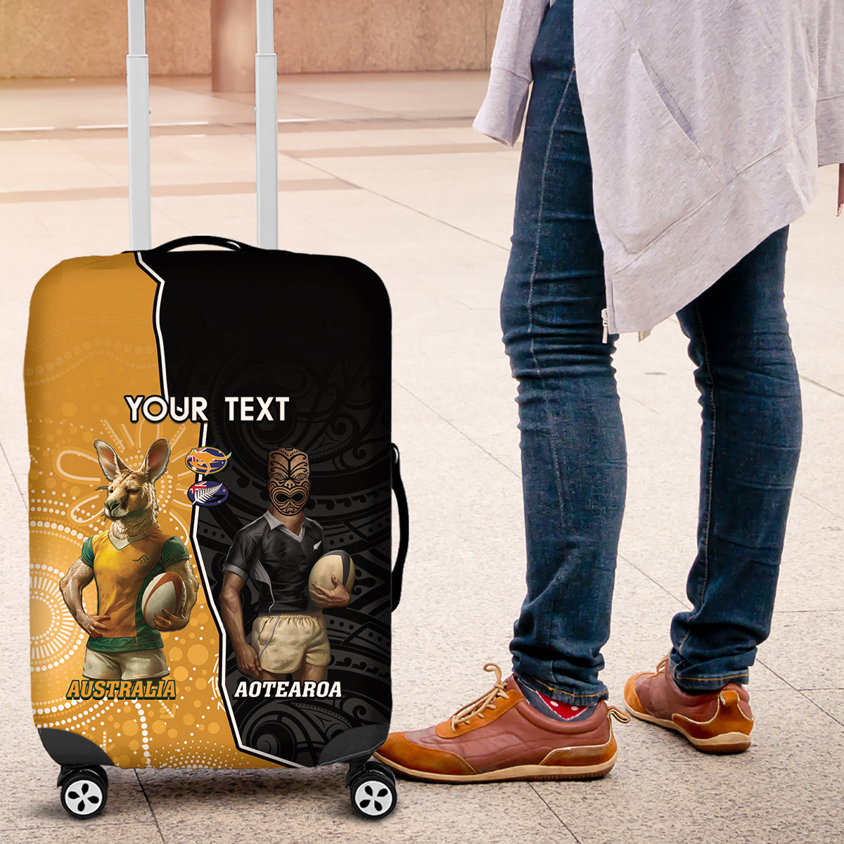 Personalised New Zealand And Australia Rugby Luggage Cover 2024 All Black Wallabies Mascots Together - Vibe Hoodie Shop