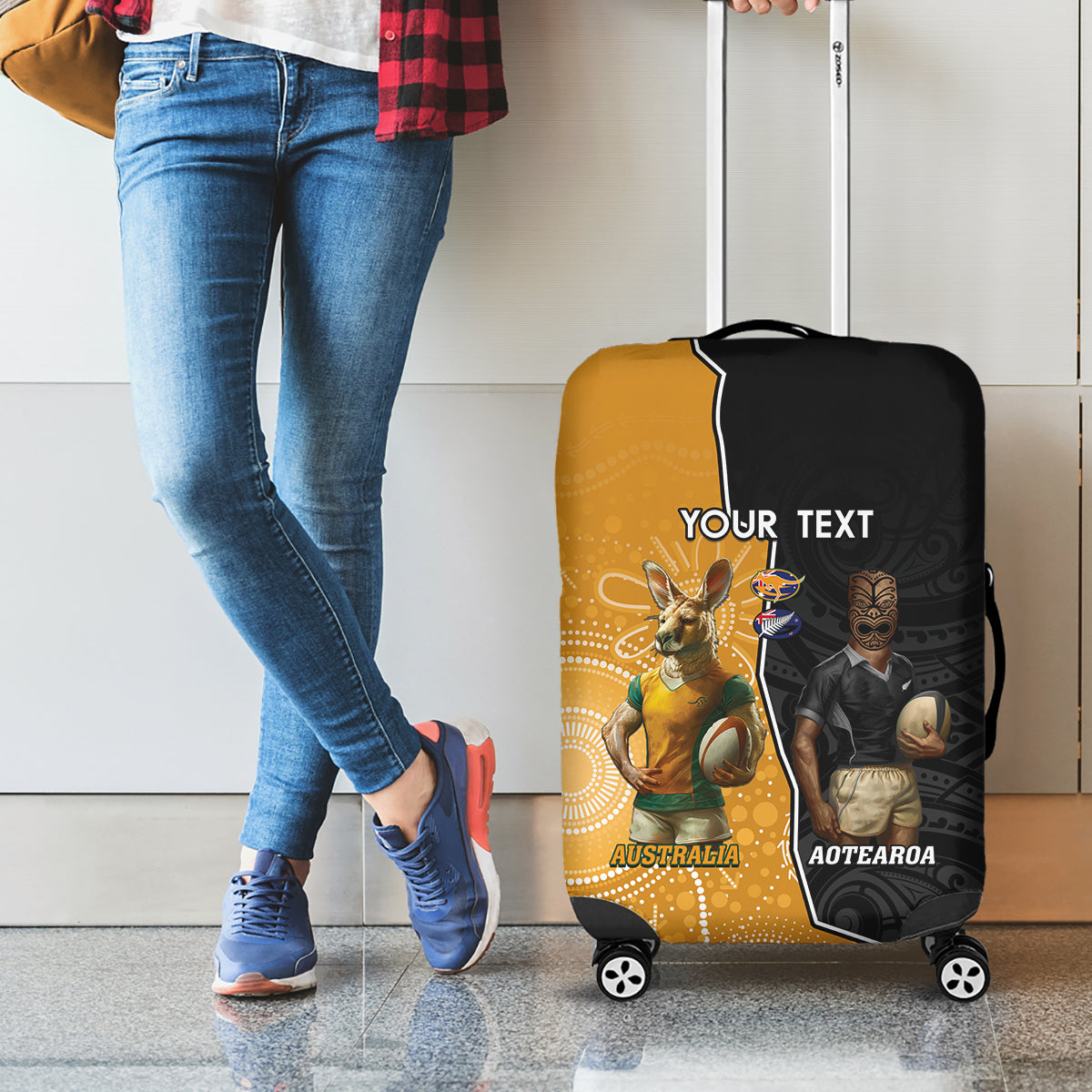 Personalised New Zealand And Australia Rugby Luggage Cover 2024 All Black Wallabies Mascots Together - Vibe Hoodie Shop