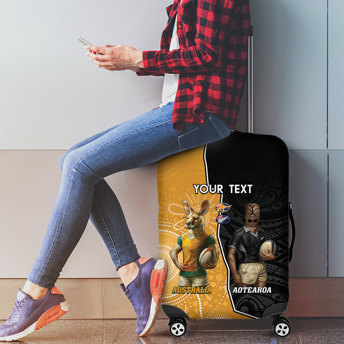 Personalised New Zealand And Australia Rugby Luggage Cover 2024 All Black Wallabies Mascots Together - Vibe Hoodie Shop