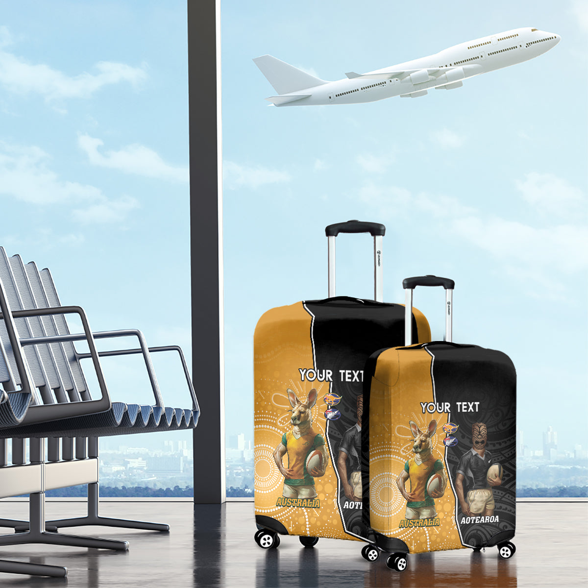 Personalised New Zealand And Australia Rugby Luggage Cover 2024 All Black Wallabies Mascots Together - Vibe Hoodie Shop