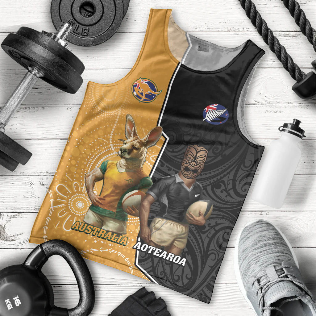Personalised New Zealand And Australia Rugby Men Tank Top 2024 All Black Wallabies Mascots Together - Vibe Hoodie Shop