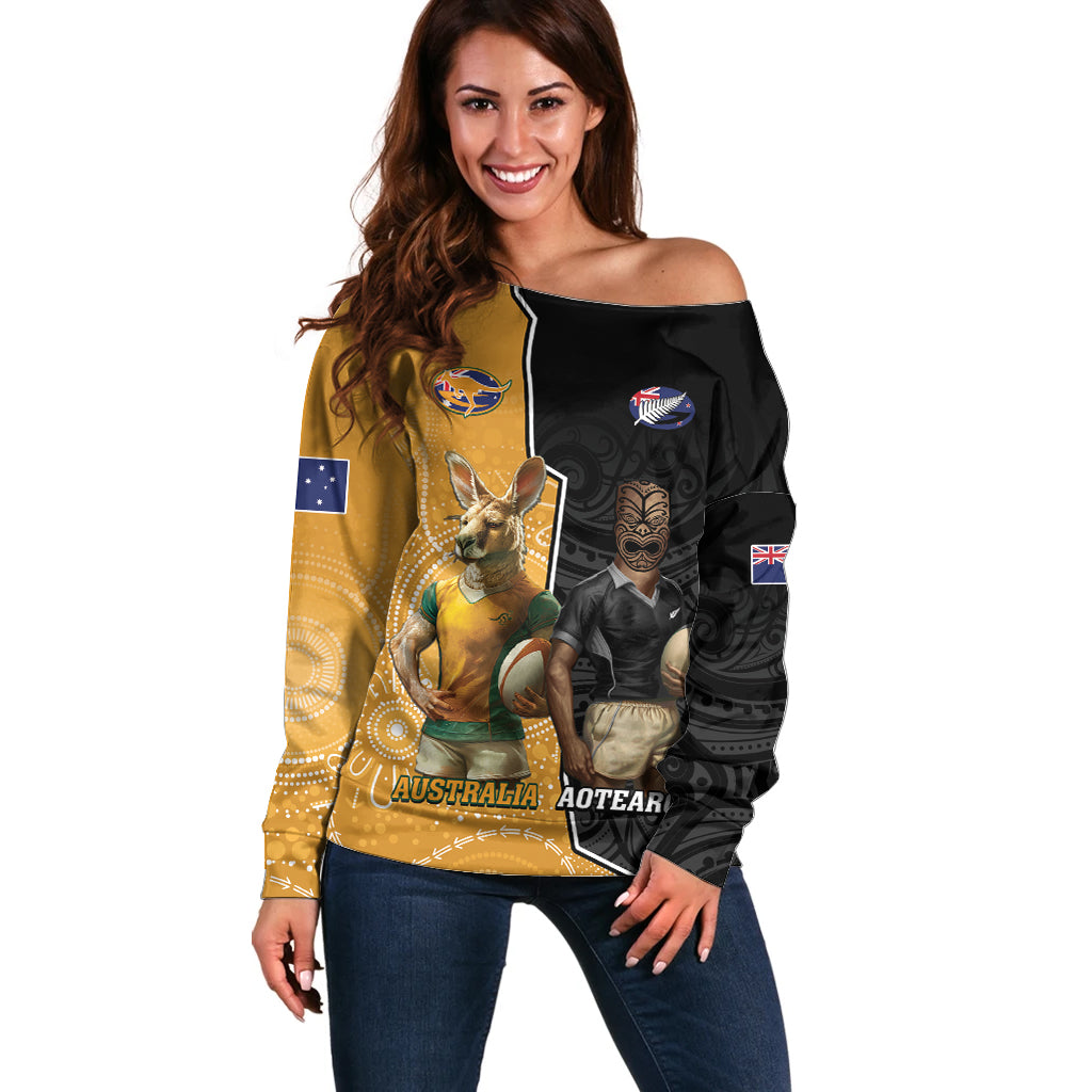 Personalised New Zealand And Australia Rugby Off Shoulder Sweater 2024 All Black Wallabies Mascots Together - Vibe Hoodie Shop