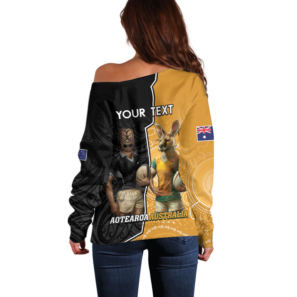 Personalised New Zealand And Australia Rugby Off Shoulder Sweater 2024 All Black Wallabies Mascots Together - Vibe Hoodie Shop