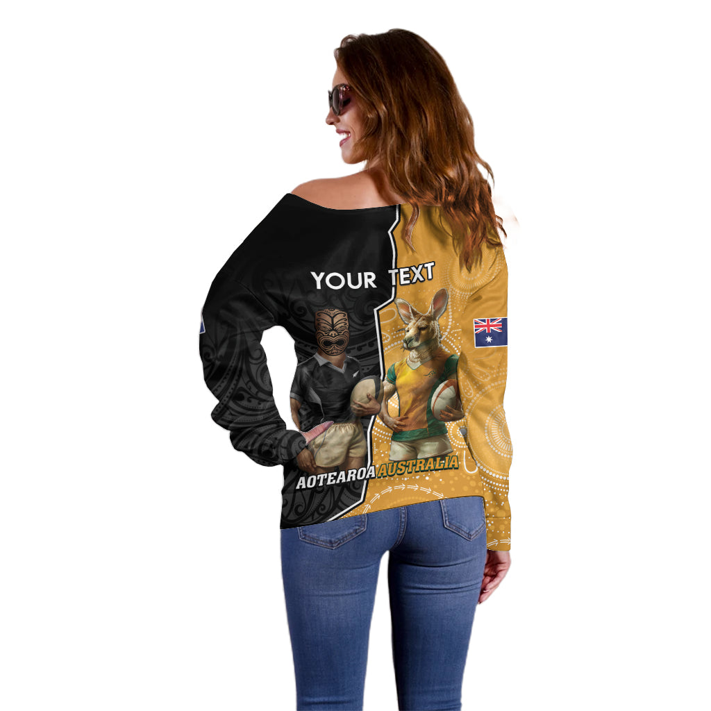 Personalised New Zealand And Australia Rugby Off Shoulder Sweater 2024 All Black Wallabies Mascots Together - Vibe Hoodie Shop