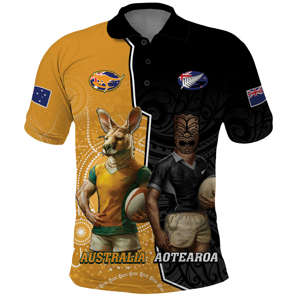 Personalised New Zealand And Australia Rugby Polo Shirt 2024 All Black Wallabies Mascots Together - Vibe Hoodie Shop