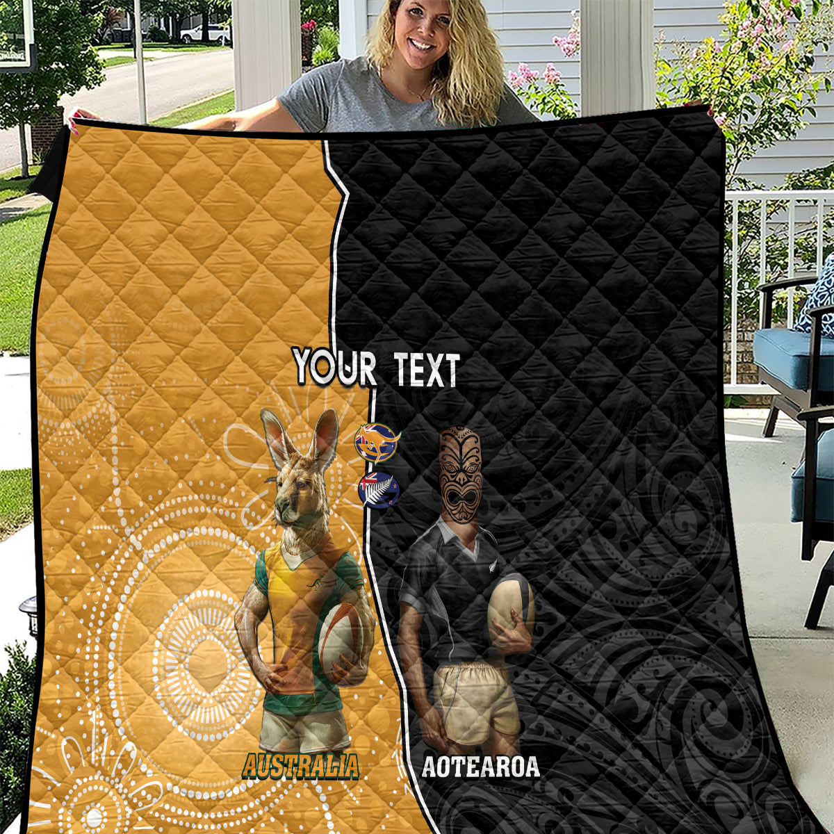 Personalised New Zealand And Australia Rugby Quilt 2024 All Black Wallabies Mascots Together - Vibe Hoodie Shop