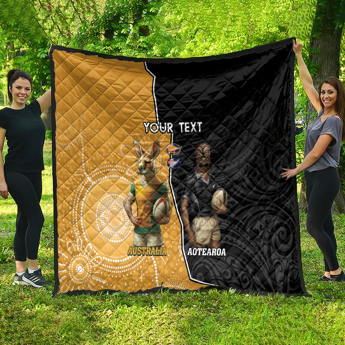 Personalised New Zealand And Australia Rugby Quilt 2024 All Black Wallabies Mascots Together - Vibe Hoodie Shop