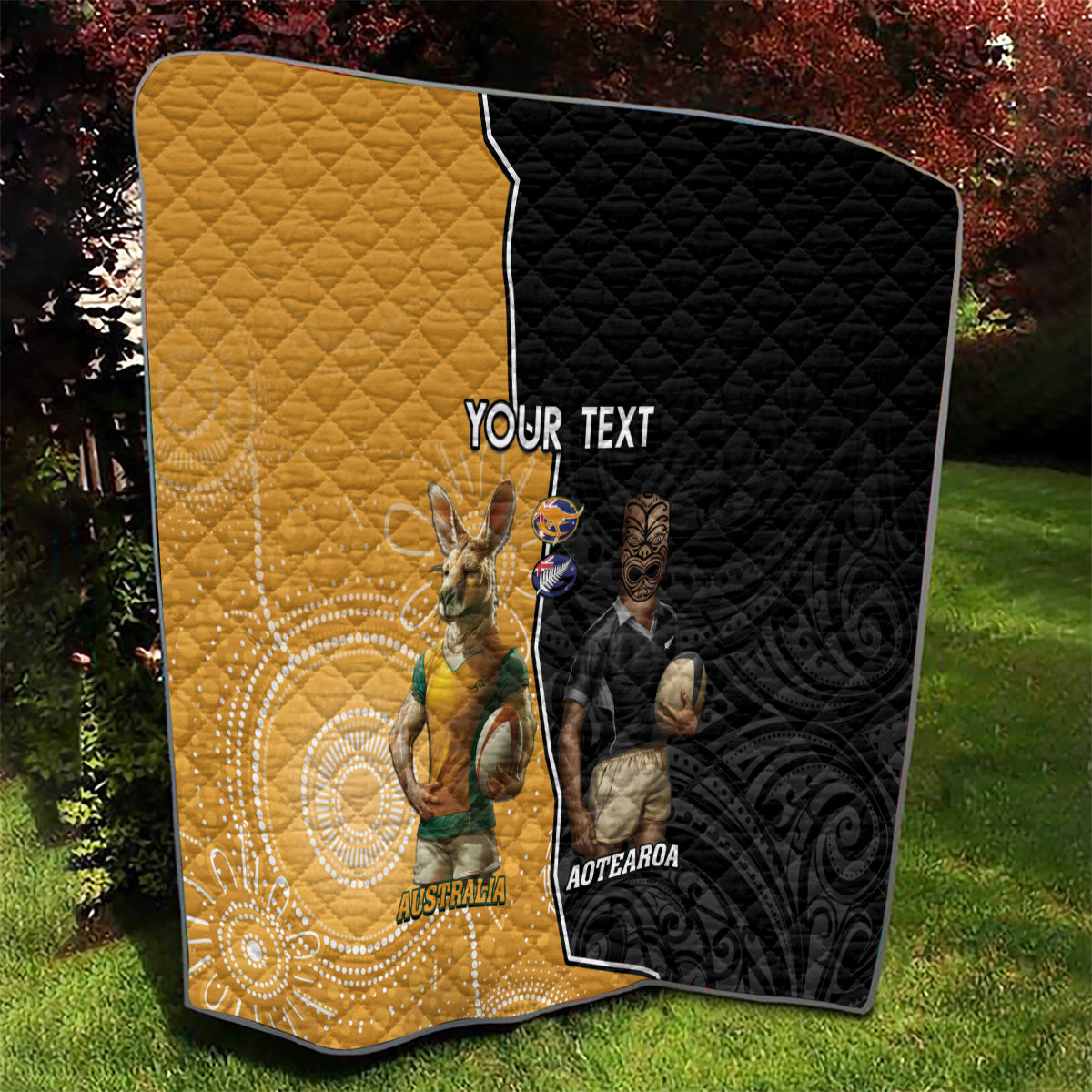 Personalised New Zealand And Australia Rugby Quilt 2024 All Black Wallabies Mascots Together - Vibe Hoodie Shop