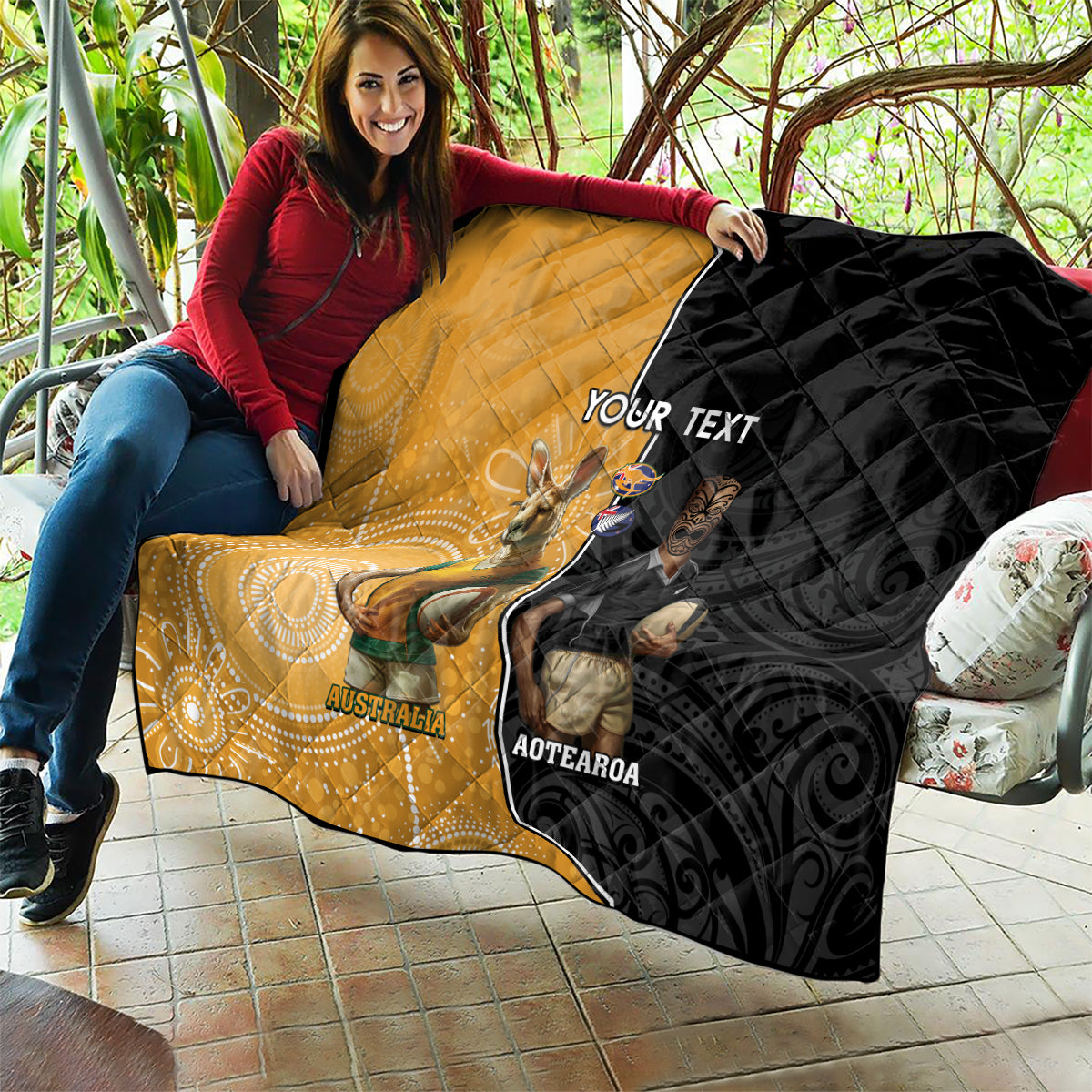 Personalised New Zealand And Australia Rugby Quilt 2024 All Black Wallabies Mascots Together - Vibe Hoodie Shop