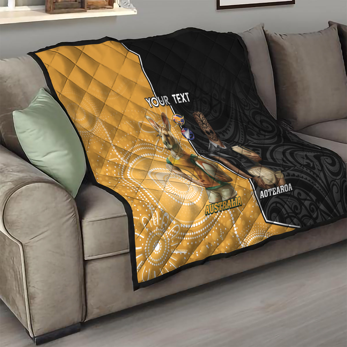 Personalised New Zealand And Australia Rugby Quilt 2024 All Black Wallabies Mascots Together - Vibe Hoodie Shop