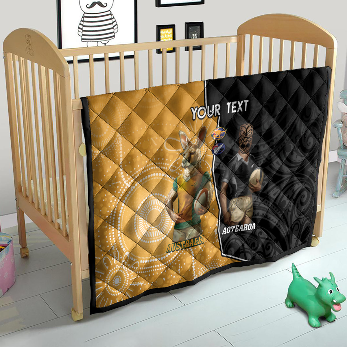 Personalised New Zealand And Australia Rugby Quilt 2024 All Black Wallabies Mascots Together - Vibe Hoodie Shop