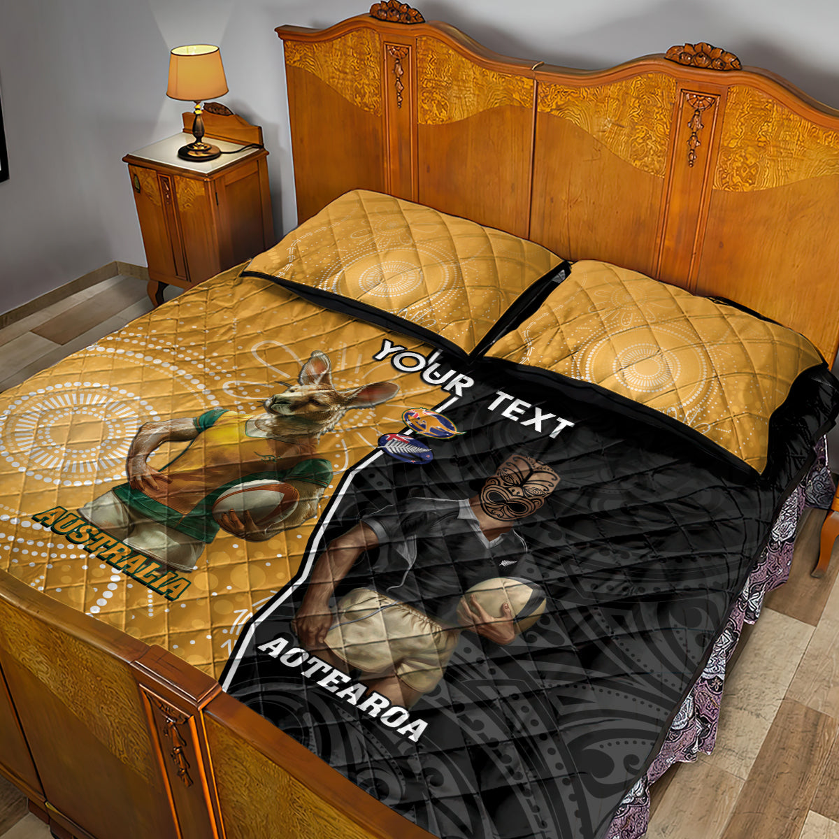 Personalised New Zealand And Australia Rugby Quilt Bed Set 2024 All Black Wallabies Mascots Together - Vibe Hoodie Shop