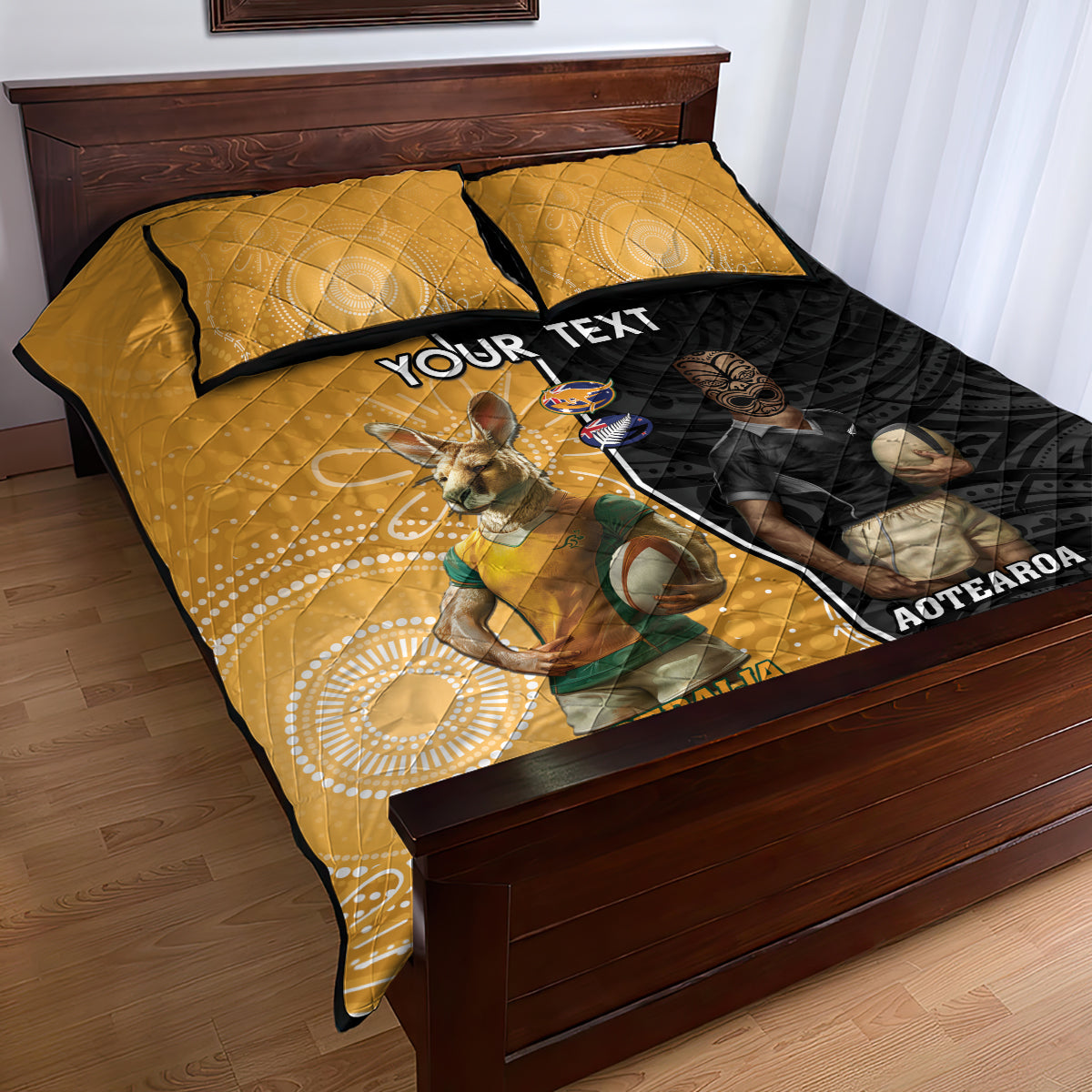 Personalised New Zealand And Australia Rugby Quilt Bed Set 2024 All Black Wallabies Mascots Together - Vibe Hoodie Shop