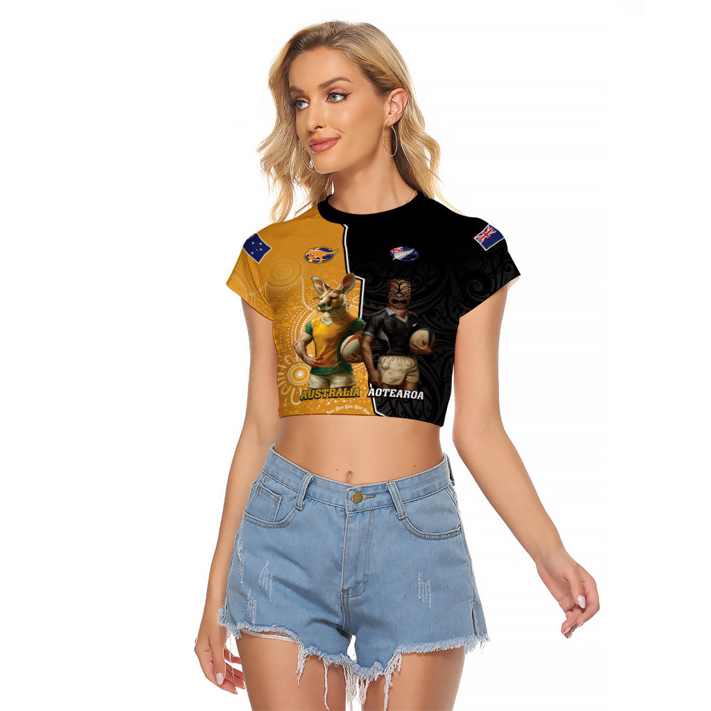 Personalised New Zealand And Australia Rugby Raglan Cropped T Shirt 2024 All Black Wallabies Mascots Together - Vibe Hoodie Shop