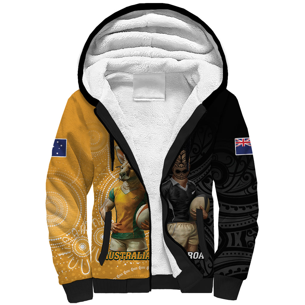 Personalised New Zealand And Australia Rugby Sherpa Hoodie 2024 All Black Wallabies Mascots Together - Vibe Hoodie Shop