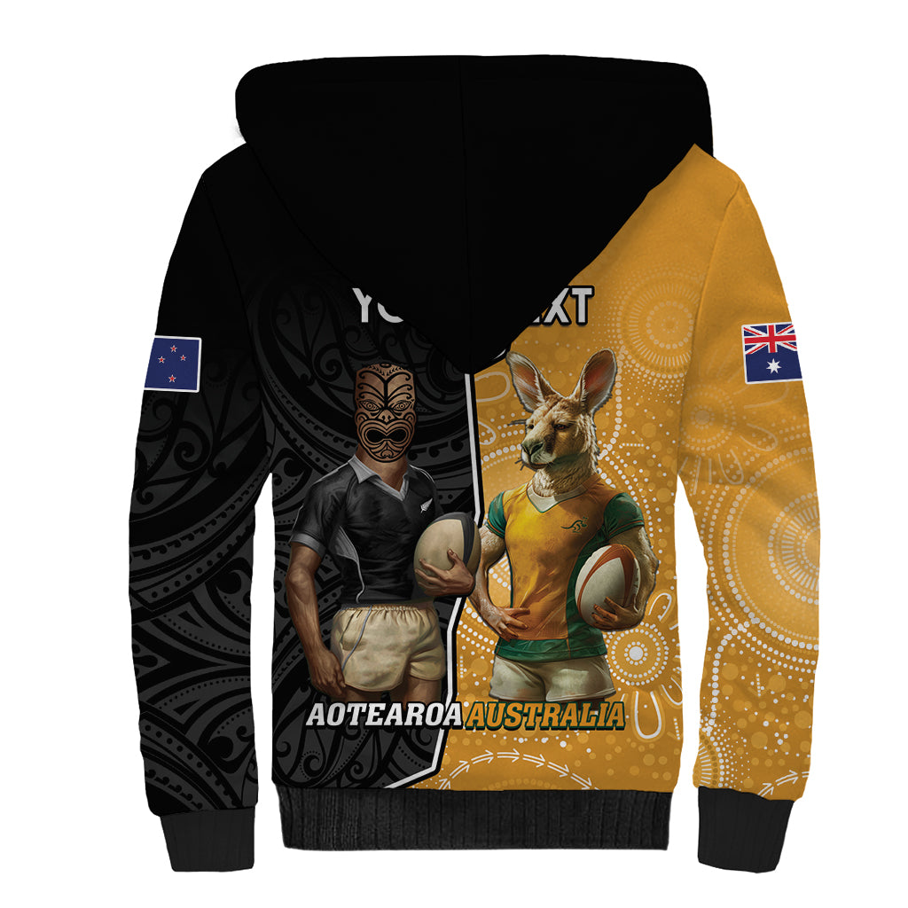 Personalised New Zealand And Australia Rugby Sherpa Hoodie 2024 All Black Wallabies Mascots Together - Vibe Hoodie Shop