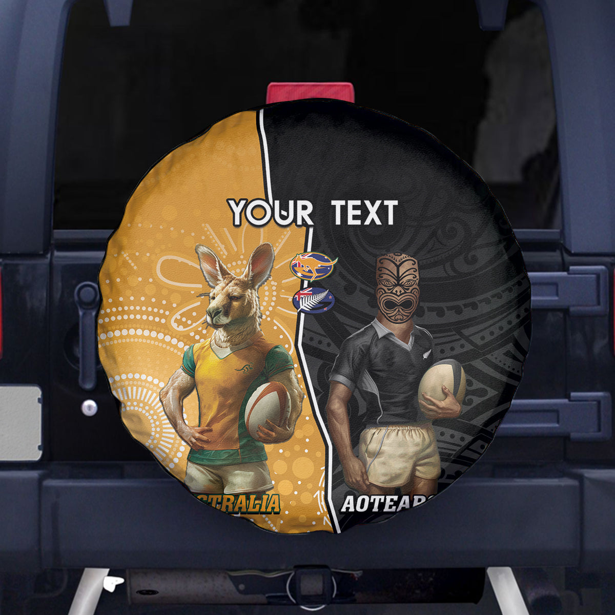 Personalised New Zealand And Australia Rugby Spare Tire Cover 2024 All Black Wallabies Mascots Together - Vibe Hoodie Shop