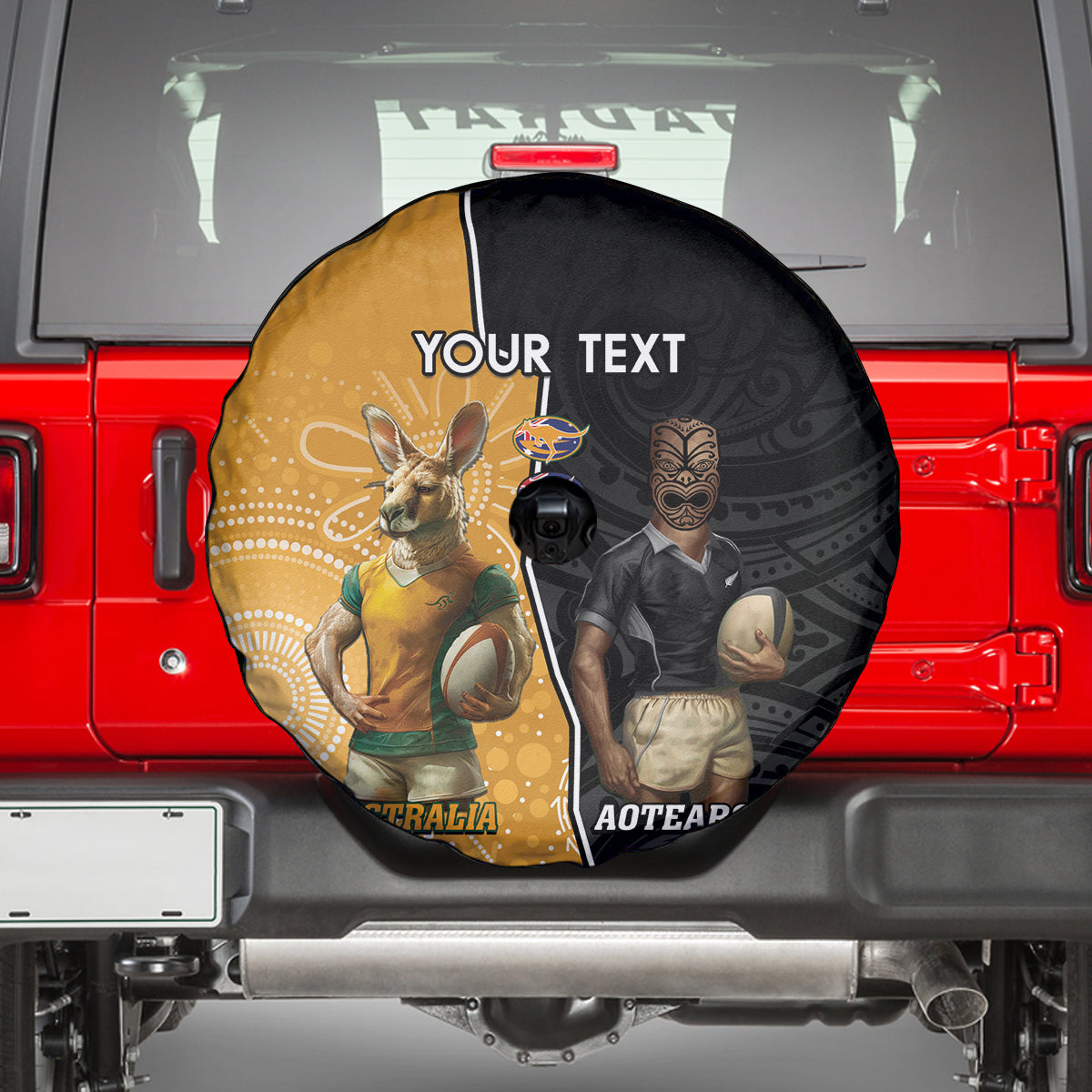 Personalised New Zealand And Australia Rugby Spare Tire Cover 2024 All Black Wallabies Mascots Together - Vibe Hoodie Shop