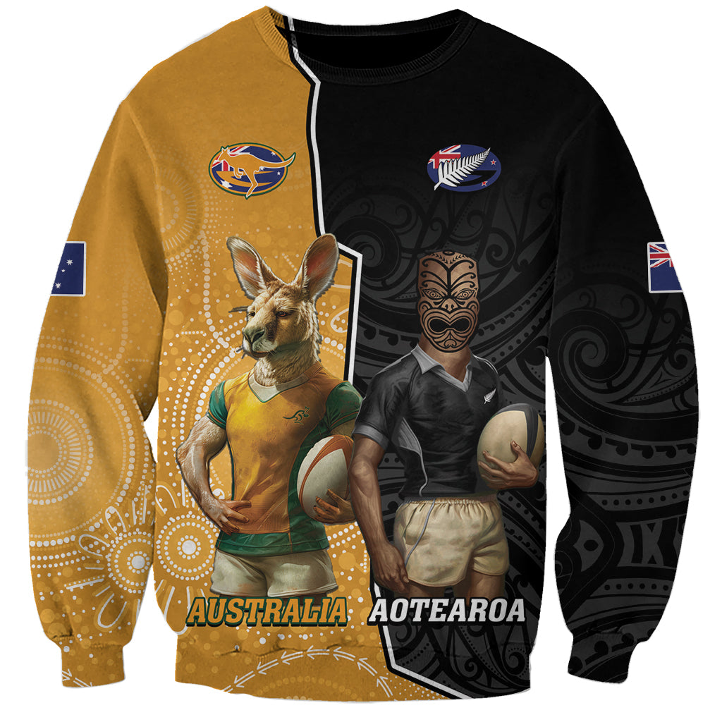 Personalised New Zealand And Australia Rugby Sweatshirt 2024 All Black Wallabies Mascots Together - Vibe Hoodie Shop