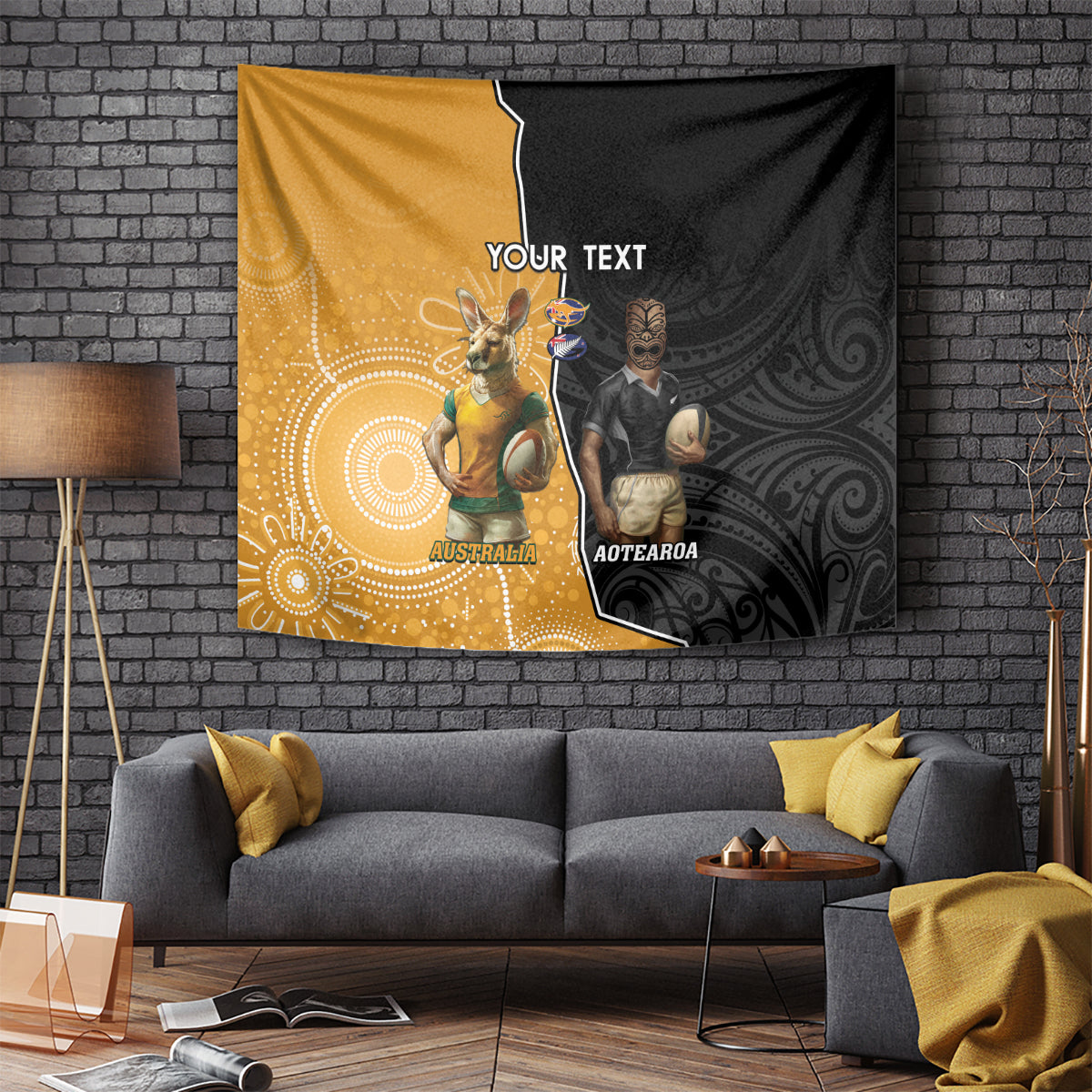 Personalised New Zealand And Australia Rugby Tapestry 2024 All Black Wallabies Mascots Together - Vibe Hoodie Shop