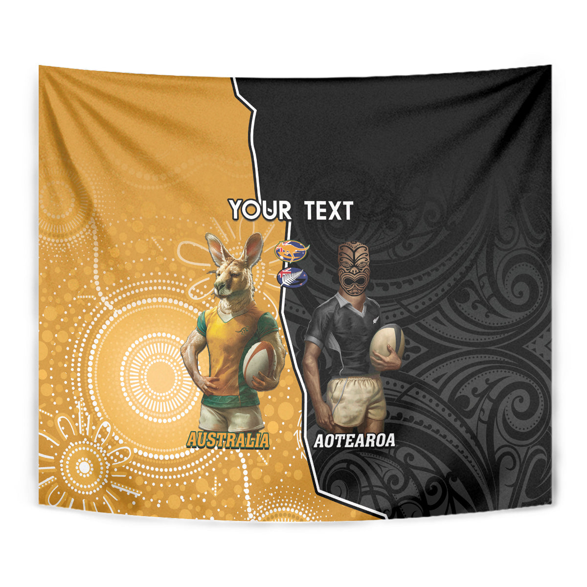 Personalised New Zealand And Australia Rugby Tapestry 2024 All Black Wallabies Mascots Together - Vibe Hoodie Shop