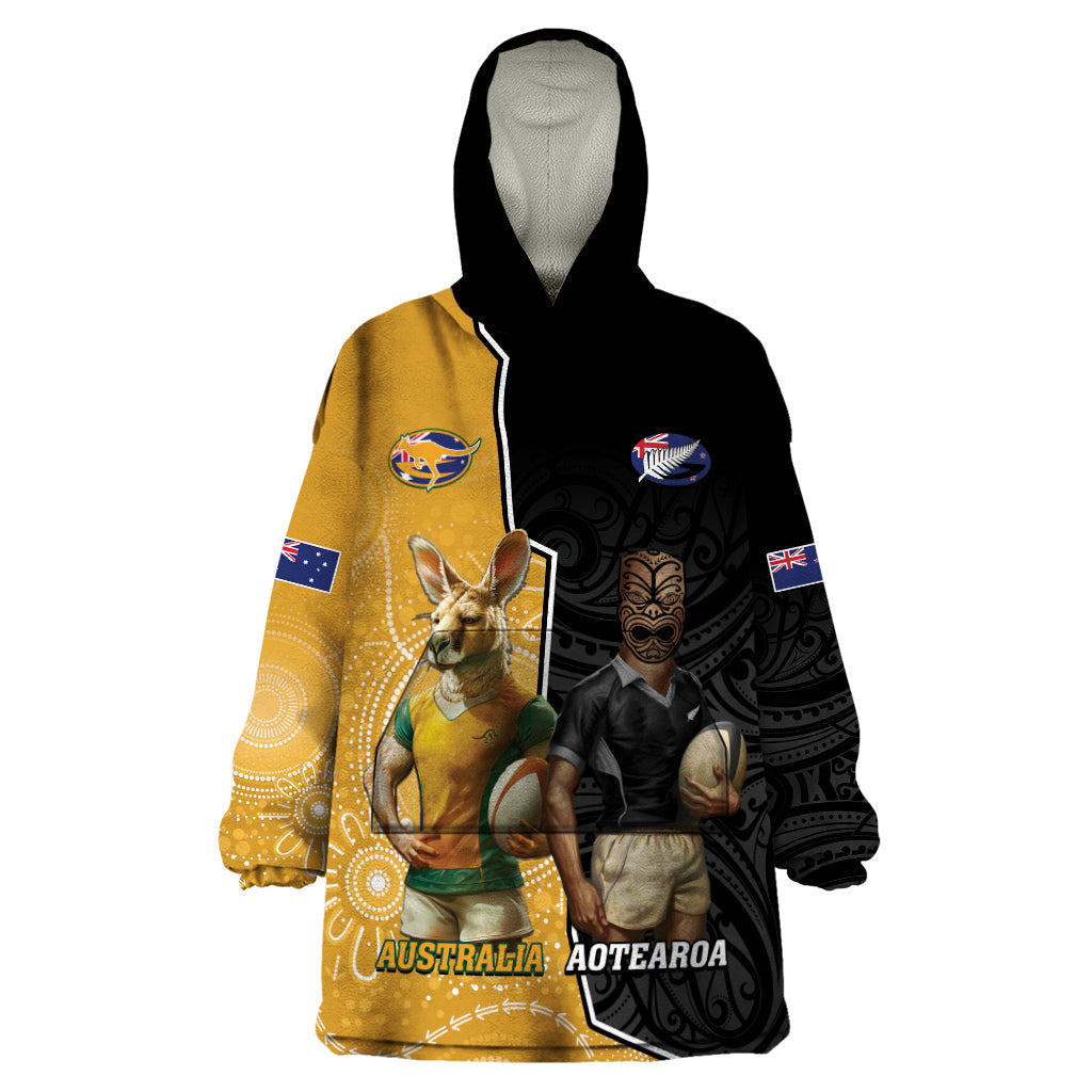 Personalised New Zealand And Australia Rugby Wearable Blanket Hoodie 2024 All Black Wallabies Mascots Together - Vibe Hoodie Shop