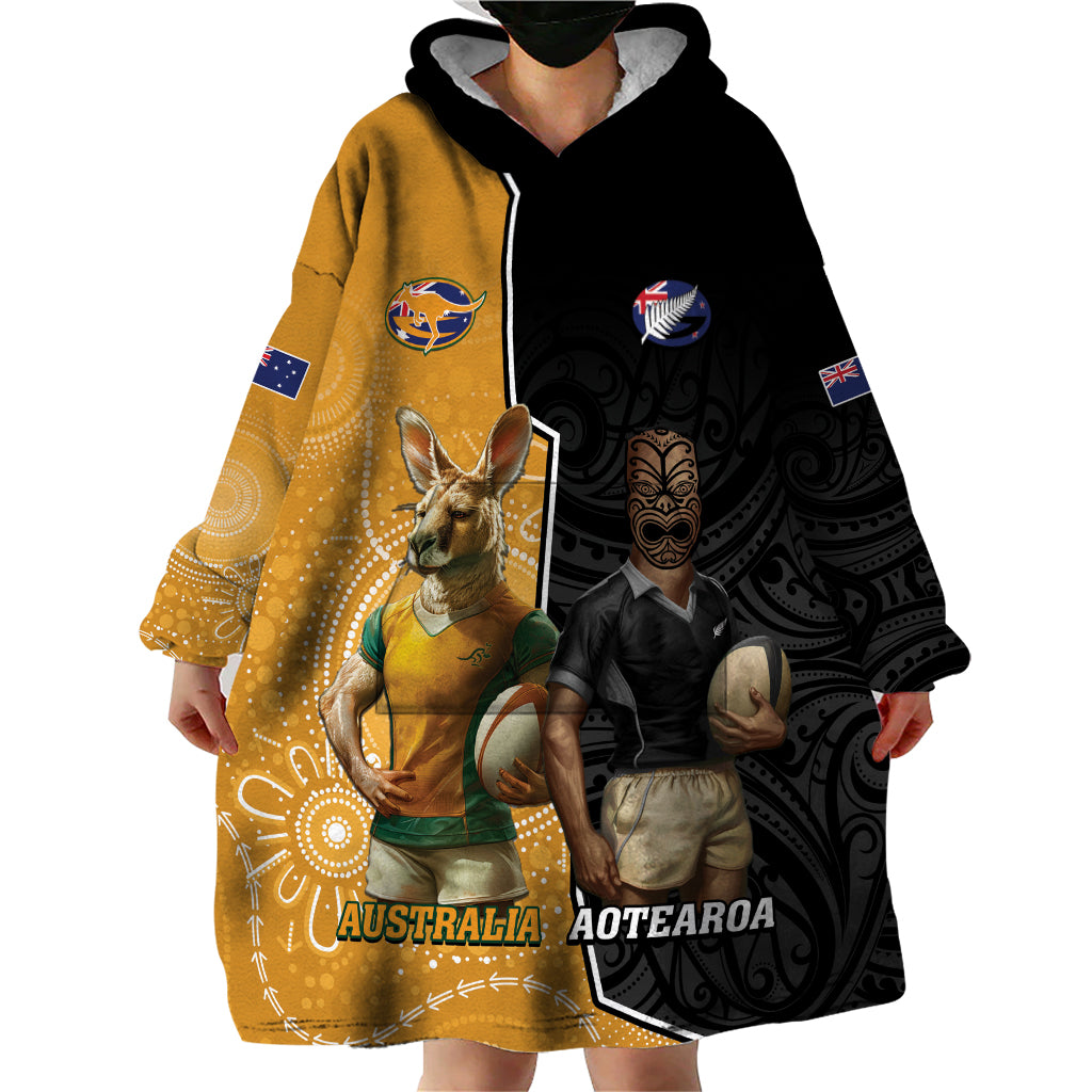 Personalised New Zealand And Australia Rugby Wearable Blanket Hoodie 2024 All Black Wallabies Mascots Together - Vibe Hoodie Shop