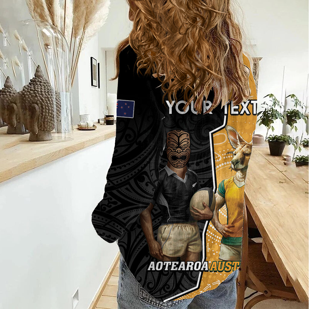 Personalised New Zealand And Australia Rugby Women Casual Shirt 2024 All Black Wallabies Mascots Together - Vibe Hoodie Shop