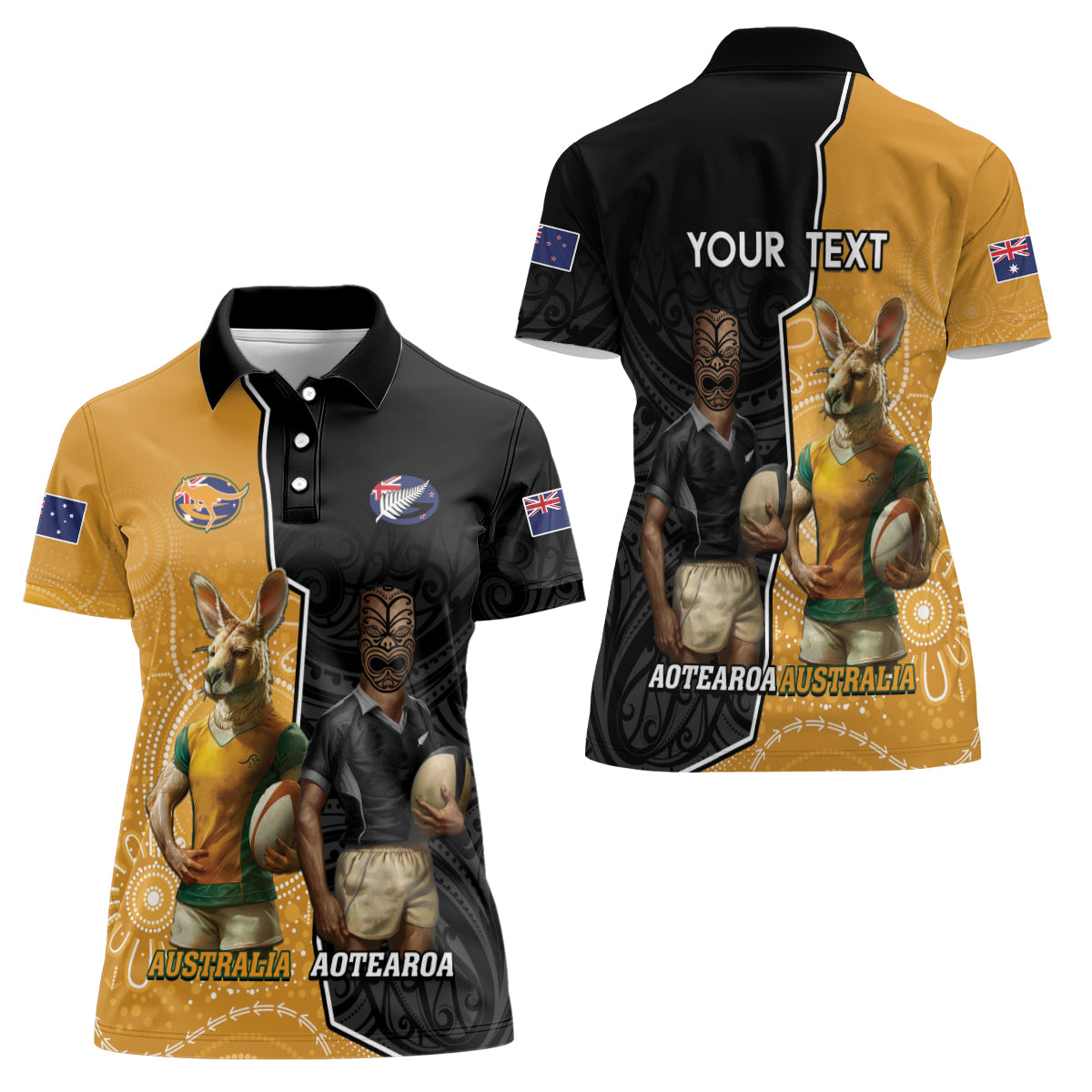 Personalised New Zealand And Australia Rugby Women Polo Shirt 2024 All Black Wallabies Mascots Together - Vibe Hoodie Shop