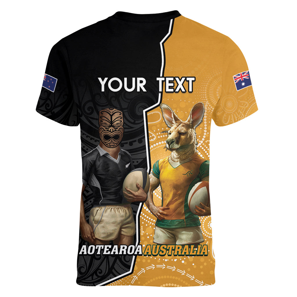 Personalised New Zealand And Australia Rugby Women V-Neck T-Shirt 2024 All Black Wallabies Mascots Together - Vibe Hoodie Shop