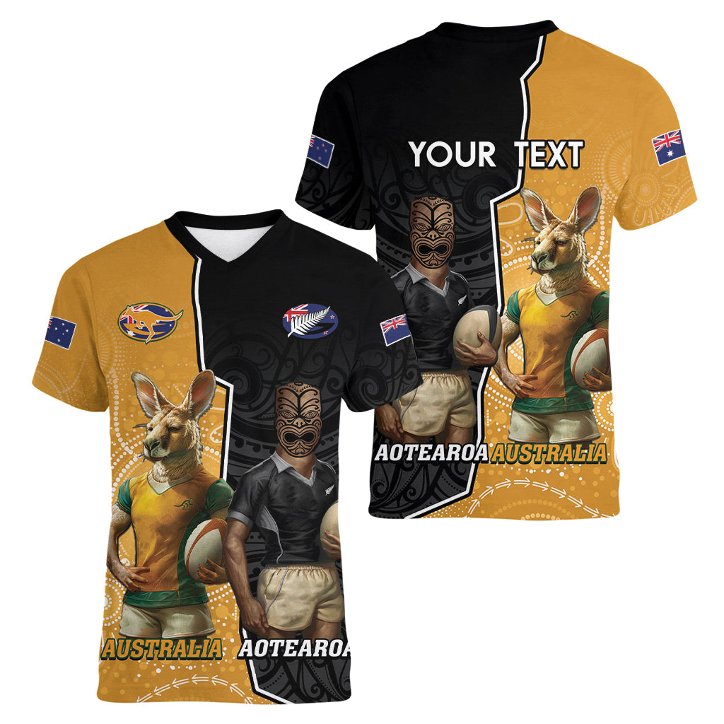 Personalised New Zealand And Australia Rugby Women V-Neck T-Shirt 2024 All Black Wallabies Mascots Together - Vibe Hoodie Shop