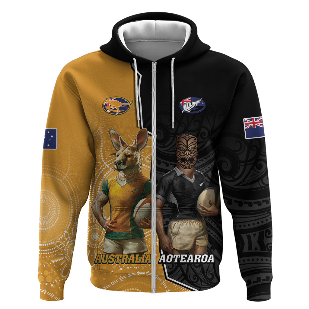 Personalised New Zealand And Australia Rugby Zip Hoodie 2024 All Black Wallabies Mascots Together - Vibe Hoodie Shop