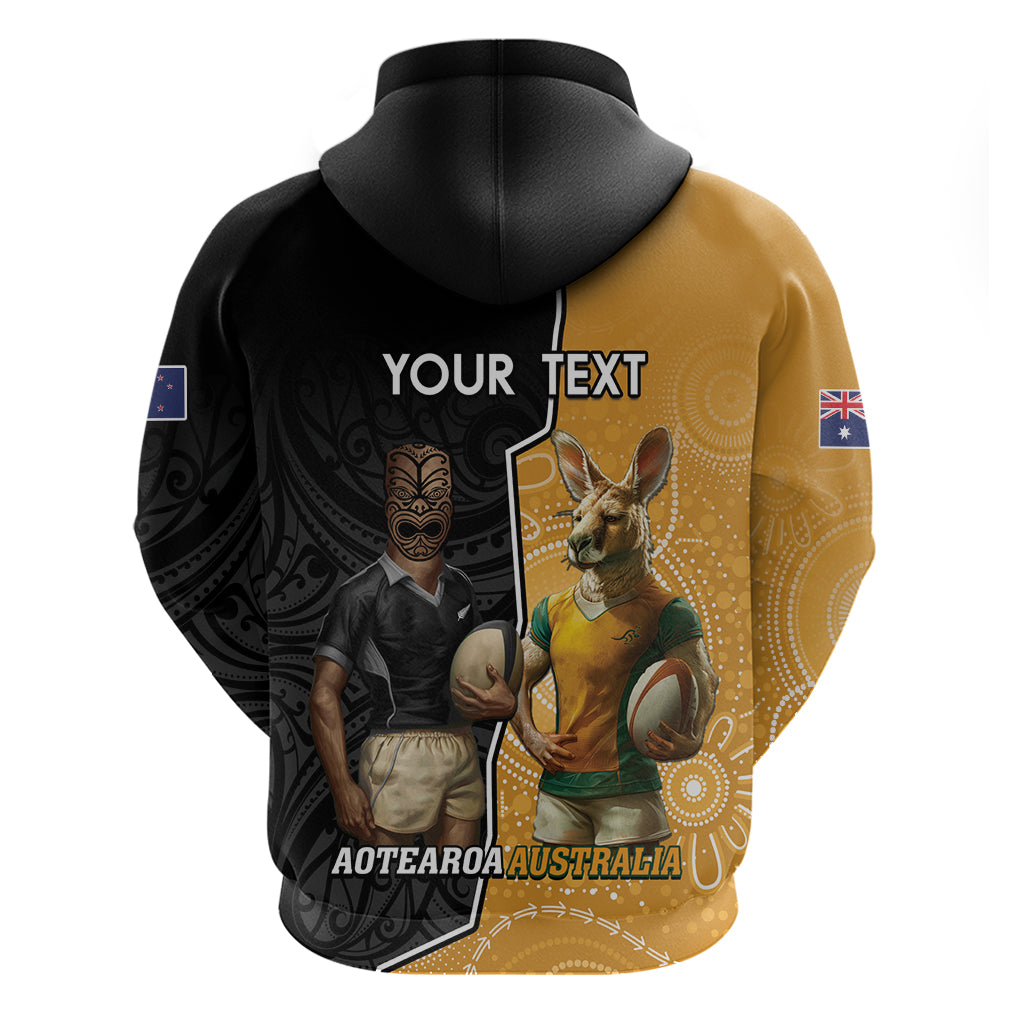 Personalised New Zealand And Australia Rugby Zip Hoodie 2024 All Black Wallabies Mascots Together - Vibe Hoodie Shop
