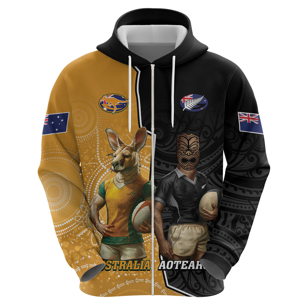 Personalised New Zealand And Australia Rugby Zip Hoodie 2024 All Black Wallabies Mascots Together - Vibe Hoodie Shop