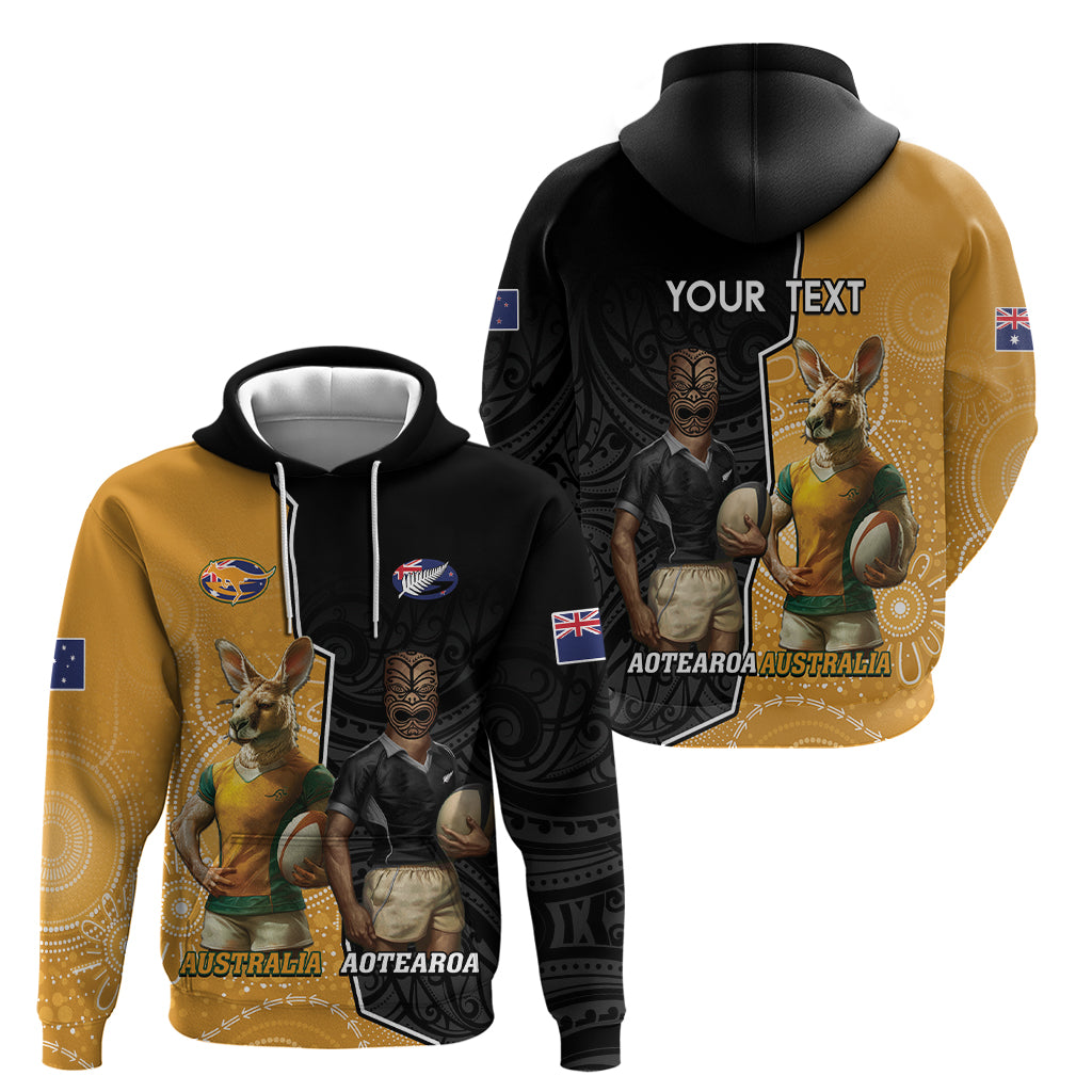 Personalised New Zealand And Australia Rugby Zip Hoodie 2024 All Black Wallabies Mascots Together - Vibe Hoodie Shop